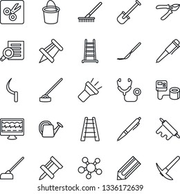 Thin Line Icon Set - document search vector, pen, drawing pin, pencil, shovel, rake, ladder, watering can, bucket, pruner, hoe, sickle, monitor pulse, stethoscope, blood pressure, scalpel, share