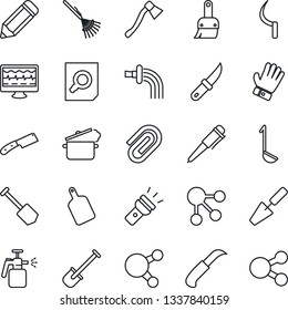Thin Line Icon Set - document search vector, pen, job, pencil, trowel, shovel, rake, watering, glove, sickle, garden knife, axe, sprayer, monitor pulse, share, themes, torch, paper clip, ladle