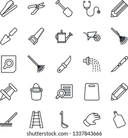 Thin Line Icon Set - document search vector, drawing pin, job, pencil, trowel, rake, ladder, watering can, wheelbarrow, bucket, pruner, glove, saw, garden knife, stethoscope, scalpel, stapler, ladle