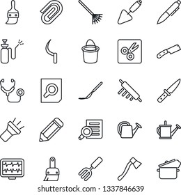 Thin Line Icon Set - document search vector, pen, pencil, trowel, garden fork, rake, watering can, bucket, sickle, axe, sprayer, monitor pulse, stethoscope, scalpel, themes, torch, cut, paper clip