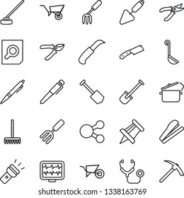 Thin Line Icon Set - document search vector, drawing pin, job, trowel, garden fork, shovel, rake, wheelbarrow, pruner, hoe, knife, monitor pulse, stethoscope, torch, pen, stapler, ladle, hard work