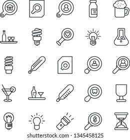 Thin Line Icon Set - document search vector, bulb, thermometer, heart diagnostic, ampoule, fragile, cargo, torch, estate, client, alcohol, cocktail, beer, energy saving, consumer, money, idea, flask