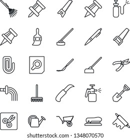 Thin Line Icon Set - document search vector, drawing pin, shovel, rake, watering can, wheelbarrow, pruner, saw, hoe, garden knife, sprayer, scalpel, themes, cut, paper clip, pen, stapler, rolling