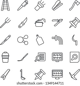 Thin Line Icon Set - document search vector, pen, drawing pin, farm fork, ladder, bucket, watering, pruner, saw, sickle, garden knife, axe, monitor pulse, scalpel, torch, stapler, ladle, hard work