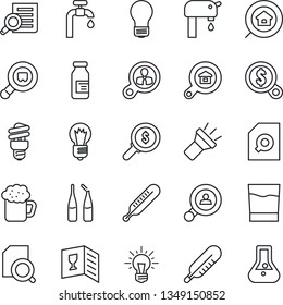 Thin Line Icon Set - document search vector, bulb, thermometer, ampoule, cargo, torch, water supply, estate, client, wine card, drink, beer, energy saving, consumer, money, idea, flask