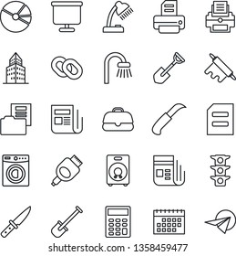 Thin Line Icon Set - document vector, printer, shovel, garden knife, traffic light, news, chain, speaker, hdmi, calendar, presentation board, office building, pie graph, folder, calculator, bathroom