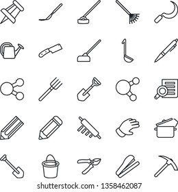 Thin Line Icon Set - document search vector, drawing pin, job, pencil, shovel, farm fork, rake, watering can, bucket, pruner, glove, hoe, sickle, scalpel, share, pen, stapler, ladle, rolling, knife