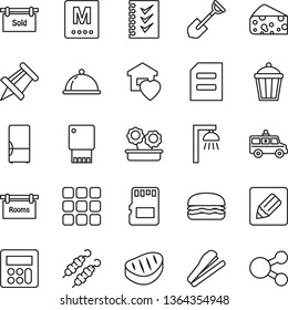 Thin Line Icon Set - document vector, drawing pin, shovel, garden light, ambulance car, menu, calculator, sd, notes, checklist, stapler, rooms, sold signboard, sweet home, fridge, flower in pot