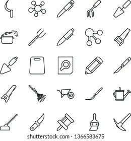 Thin Line Icon Set - document search vector, pen, pencil, trowel, garden fork, farm, rake, watering can, wheelbarrow, saw, hoe, sickle, knife, scalpel, share, themes, drawing pin, cutting board