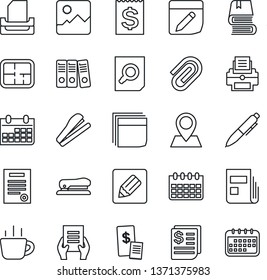 Thin Line Icon Set - document search vector, pen, coffee, calendar, pin, receipt, gallery, notes, paper clip, news, blank box, binder, printer, tray, contract, book, stapler, plan, restaurant