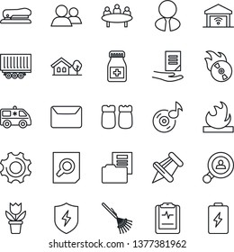 Thin Line Icon Set - document search vector, meeting, flower in pot, rake, pills bottle, ambulance car, pulse clipboard, truck trailer, flammable, flame disk, group, paper pin, protect, settings