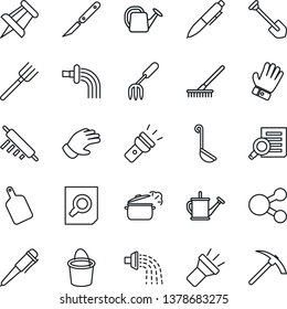 Thin Line Icon Set - document search vector, pen, drawing pin, job, garden fork, farm, rake, watering can, bucket, glove, scalpel, torch, ladle, rolling, cutting board, steaming pan, social media