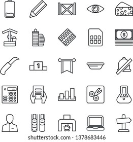 Thin Line Icon Set - document vector, well, garden knife, pills blister, eye, container, sorting, laptop pc, low battery, user, sim, mute, cut, pencil, book, office building, fireplace, bowl, cheese