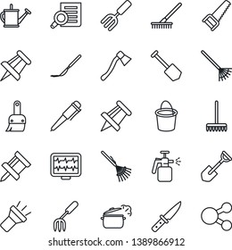 Thin Line Icon Set - document search vector, pen, drawing pin, job, garden fork, shovel, rake, watering can, bucket, saw, axe, sprayer, monitor pulse, scalpel, themes, torch, knife, steaming pan