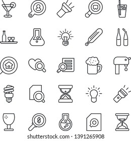 Thin Line Icon Set - document search vector, thermometer, heart diagnostic, ampoule, fragile, cargo, torch, water supply, estate, client, alcohol, cocktail, phyto bar, beer, energy saving bulb, idea