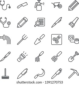 Thin Line Icon Set - document search vector, pen, pencil, trowel, garden fork, shovel, farm, rake, wheelbarrow, watering, saw, sickle, sprayer, stethoscope, blood pressure, scalpel, torch, cut
