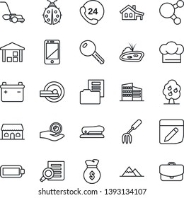 Thin Line Icon Set - document search vector, garden fork, lawn mower, lady bug, tomography, 24 hours, warehouse, cell phone, share, notes, battery, folder, stapler, house with garage, pond, key