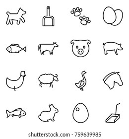 Thin line icon set : dog, scoop, pets, eggs, fish, cow, pig, chicken, sheep, goose, horse, rabbit, egg