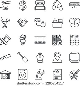 Thin Line Icon Set - dollar sign vector, book, office binder, manager place, job, butterfly, diagnosis, blood pressure, pills, heart hand, pin, warehouse, film frame, speaker, paper, hdmi, ink pen