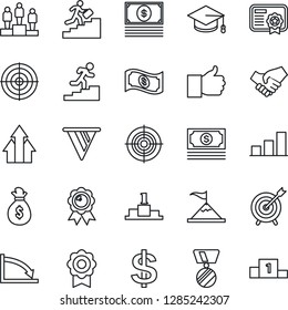 Thin Line Icon Set - dollar sign vector, pedestal, medal, graduate, cash, finger up, sertificate, bar graph, target, career ladder, arrow, motivation, handshake, money bag, pennon, crisis