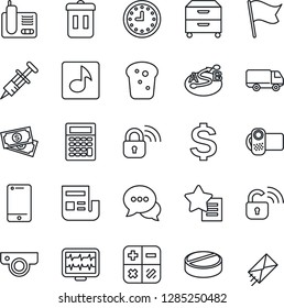 Thin Line Icon Set - dollar sign vector, calculator, monitor pulse, syringe, pills, cash, car delivery, clock, route, video camera, cell phone, dialog, radio, favorites list, music, news, bread, web
