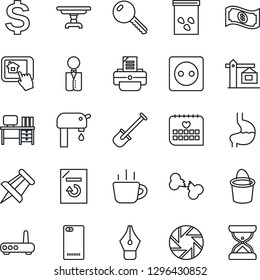 Thin Line Icon Set - dollar sign vector, desk, coffee, drawing pin, document reload, printer, shovel, bucket, seeds, stomach, broken bone, medical calendar, phone back, mobile camera, ink pen, key