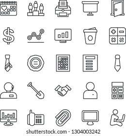 Thin Line Icon Set - dollar sign vector, pedestal, calculator, abacus, tie, document, presentation board, coffee, job, statistic monitor, stamp, medical calendar, office phone, user, paper clip