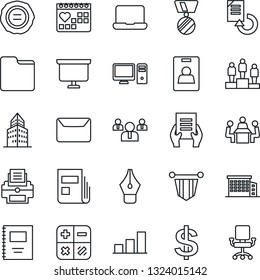 Thin Line Icon Set - dollar sign vector, pedestal, calculator, pennant, team, medal, presentation board, document, reload, stamp, medical calendar, folder, copybook, office building, bar graph, news