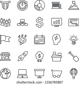 Thin Line Icon Set - dollar sign vector, pennant, team, notebook pc, presentation board, brainstorm, manager place, job, statistic monitor, circle chart, office building, motivation, rocket, clock