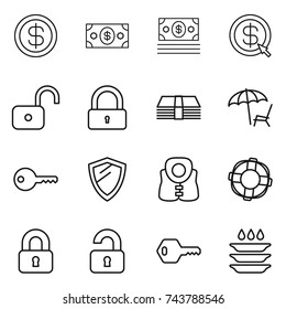 thin line icon set : dollar, money, arrow, unlock, lock, lounger, key, shield, life vest, lifebuoy, locked, unlocked, plate washing