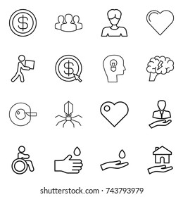 thin line icon set : dollar, group, woman, heart, courier, arrow, bulb head, brain, cell corection, virus, client, invalid, hand drop, and, housing