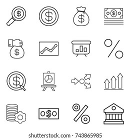 thin line icon set : dollar magnifier, money bag, gift, statistics, presentation, percent, arrow, core splitting, graph up, virtual mining, library