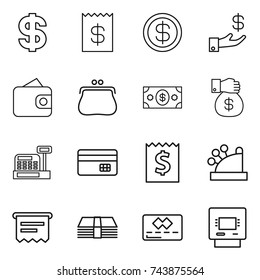 thin line icon set : dollar, receipt, investment, wallet, purse, money, gift, cashbox, credit card, atm