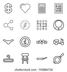 thin line icon set : dollar, heart, calculator, abacus, molecule, lightning, chip, necklace, underpants, info, drawbridge, scooter shipping, hanger, chair, pan