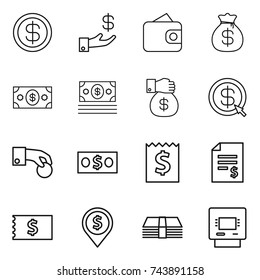 thin line icon set : dollar, investment, wallet, money bag, gift, arrow, hand coin, receipt, account balance, pin, atm