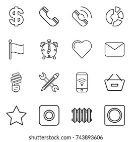 thin line icon set : dollar, phone, call, circle diagram, flag, alarm clock, heart, mail, bulb, pencil wrench, wireless, remove from basket, star, ring button, radiator