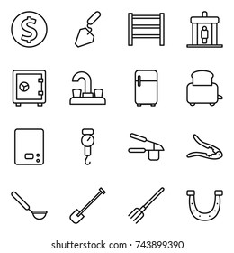 thin line icon set : dollar coin, construction, rack, detector, safe, water tap, fridge, toaster, kitchen scales, handle, garlic clasp, walnut crack, ladle, shovel, fork, horseshoe