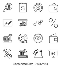 thin line icon set : dollar magnifier, receipt, wallet, statistics, presentation, graph, percent, cashbox, arrow, crypto currency