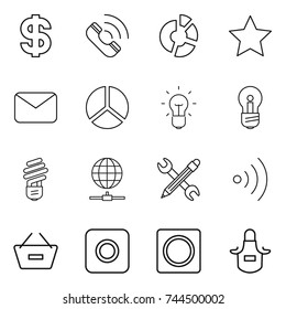 thin line icon set : dollar, call, circle diagram, star, mail, bulb, globe connect, pencil wrench, wireless, remove from basket, ring button, apron
