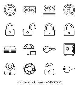 thin line icon set : dollar, money, arrow, lock, unlock, insurance, key, safe, life vest, lifebuoy, unlocked
