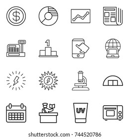 thin line icon set : dollar, circle diagram, statistics, newspaper, cashbox, pedestal, touch, notebook globe, lightning, sun power, microscope, hangare, calendar, inspector, uv cream, grill oven
