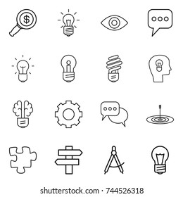 thin line icon set : dollar magnifier, bulb, eye, message, head, brain, gear, discussion, target, puzzle, singlepost, draw compass