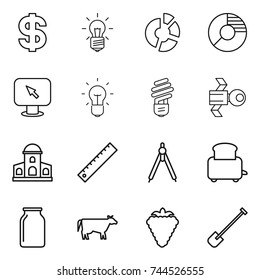 thin line icon set : dollar, bulb, circle diagram, monitor arrow, satellite, mansion, ruler, drawing compasses, toaster, bank, cow, berry, shovel
