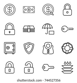 thin line icon set : dollar, money, arrow, lock, insurance, key, safe, shield, life vest, lifebuoy, locked, unlocked, plate washing
