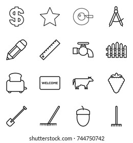 thin line icon set : dollar, star, cell corection, draw compass, pencil, ruler, water tap, fence, toaster, welcome mat, cow, berry, shovel, rake, acorn