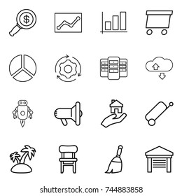 thin line icon set : dollar magnifier, statistics, graph, delivery, diagram, around gear, server, cloude service, jet robot, megafon, real estate, suitcase, island, chair, broom, garage