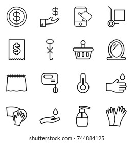 thin line icon set : dollar, investment, touch, cargo stoller, tax, do not hook sign, basket, mirror, curtain, mixer, thermometer, hand drop, wiping, and, liquid soap, gloves