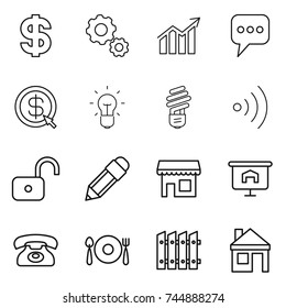 thin line icon set : dollar, gear, diagram, message, arrow, bulb, wireless, unlock, pencil, shop, presentation, phone, fork spoon plate, fence, house