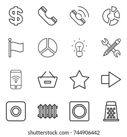 thin line icon set : dollar, phone, call, circle diagram, flag, bulb, pencil wrench, wireless, remove from basket, star, right arrow, ring button, radiator, grater