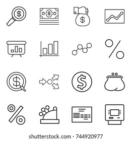 thin line icon set : dollar magnifier, money, gift, statistics, presentation, graph, percent, arrow, core splitting, coin, purse, cashbox, invoice, atm